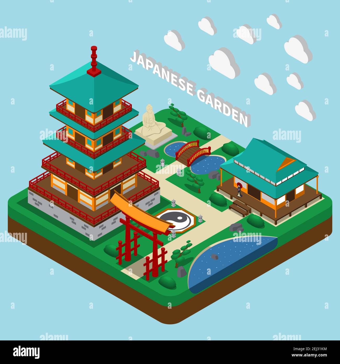 Isometric house composition with images of traditional japanese style tower buildings and garden territory with text vector illustration Stock Vector