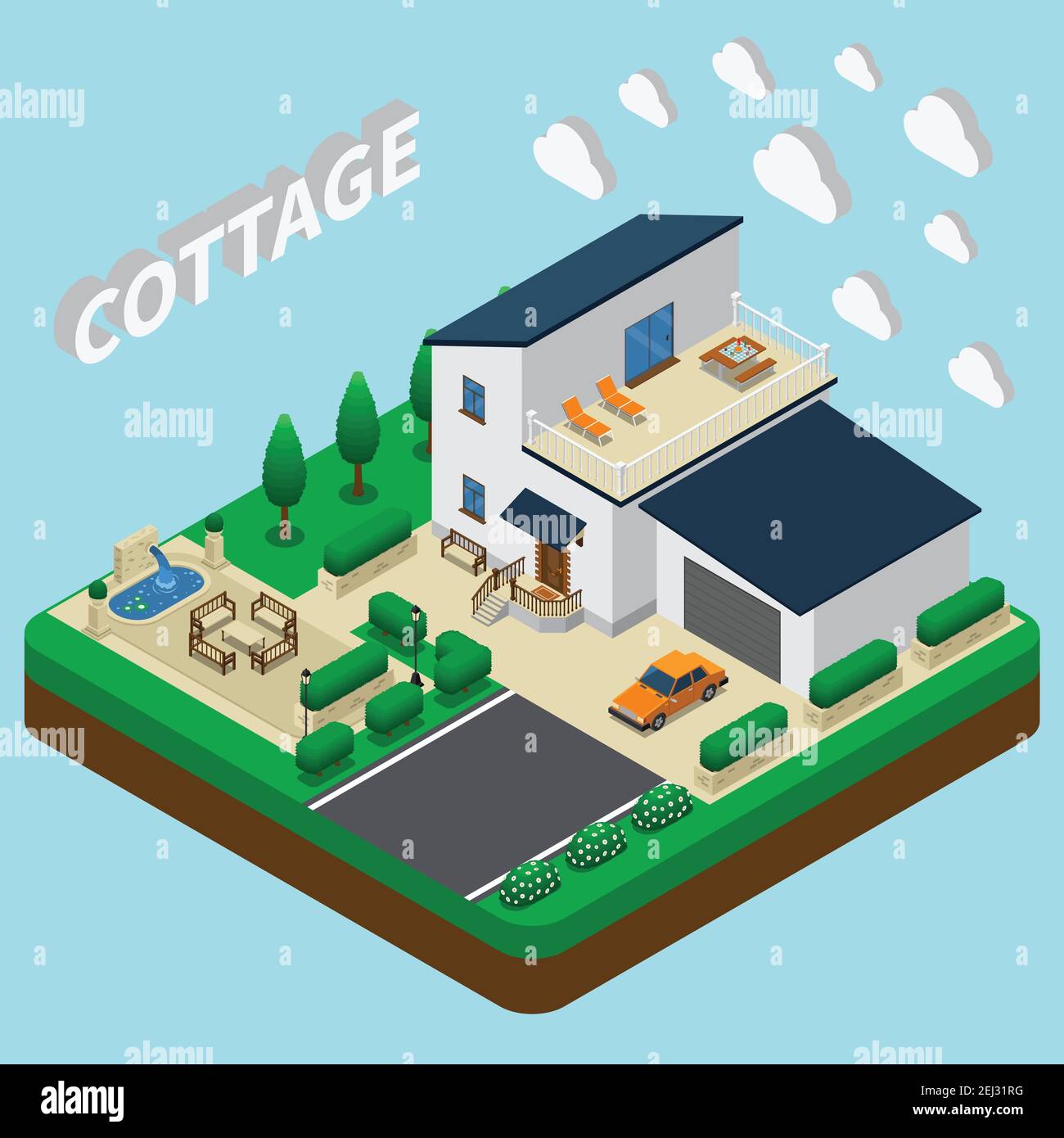 Isometric house composition with images of double-story villa with ...
