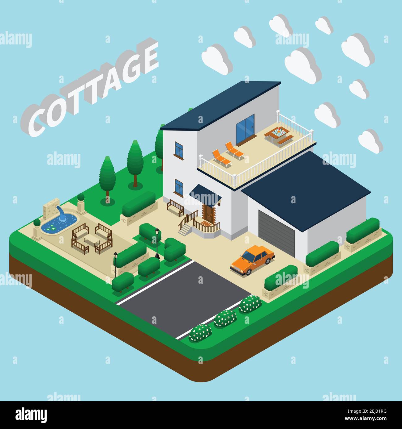 Isometric house composition with images of double-story villa with outdoor area and garage for cars vector illustration Stock Vector