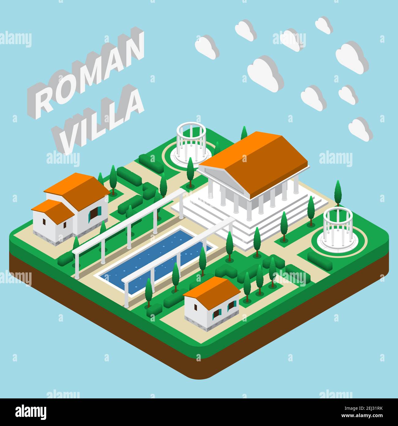 Isometric house composition with cumbersome clouds text and images of pantheon style buildings with park grounds vector illustration Stock Vector
