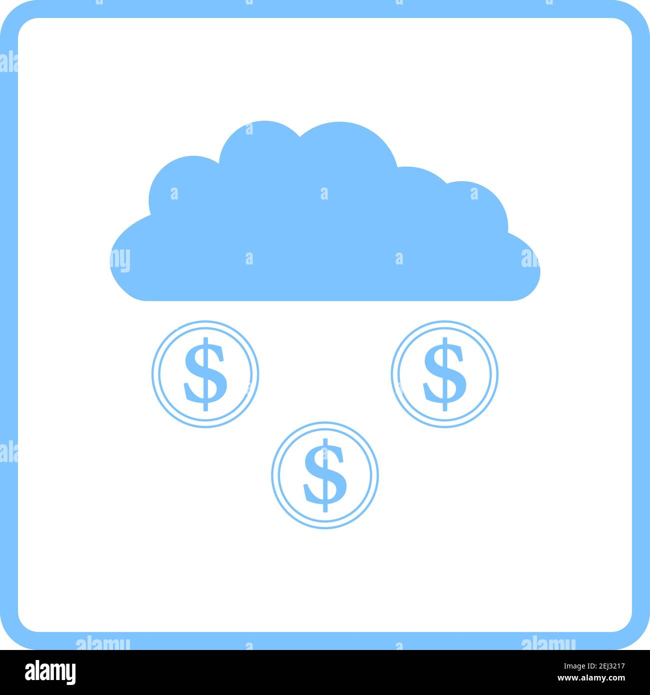 Coins Falling From Cloud Icon. Blue Frame Design. Vector Illustration. Stock Vector