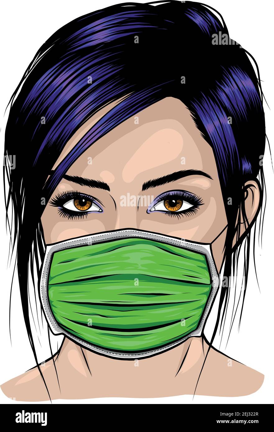 Woman wearing disposable medical surgical face mask. Vector