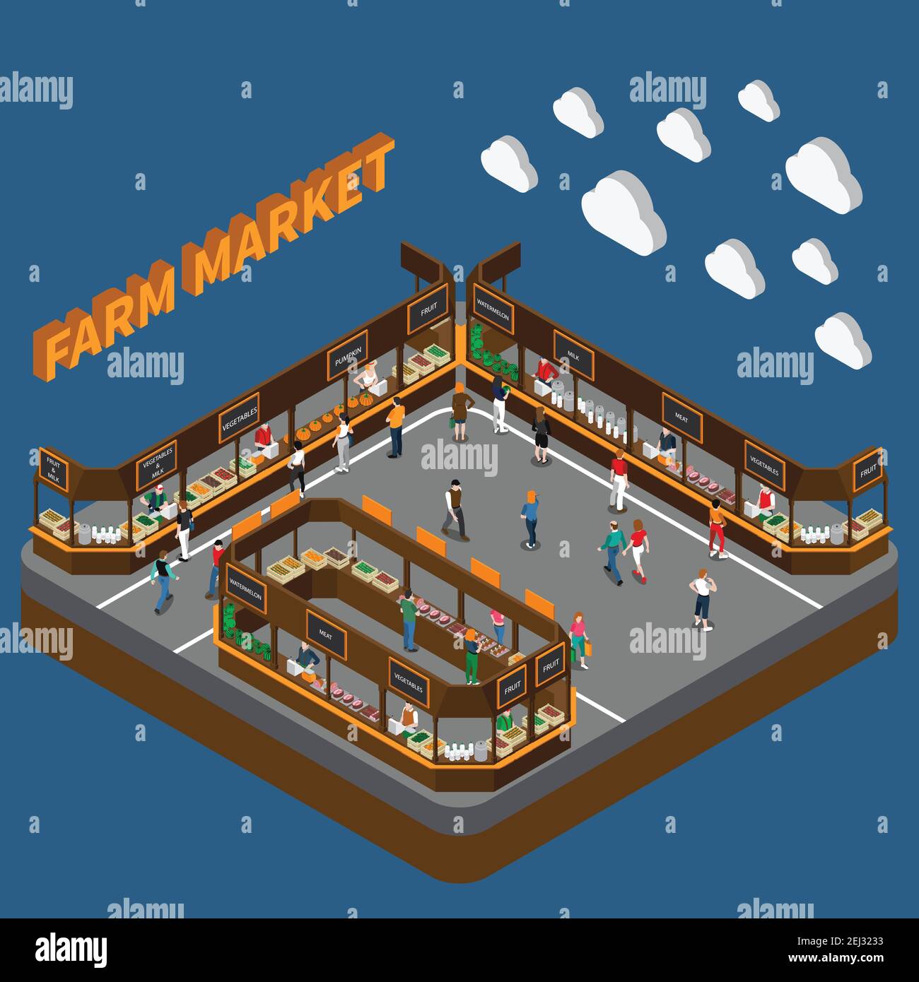 Farm local market isometric composition with 3d text clouds and modern ...