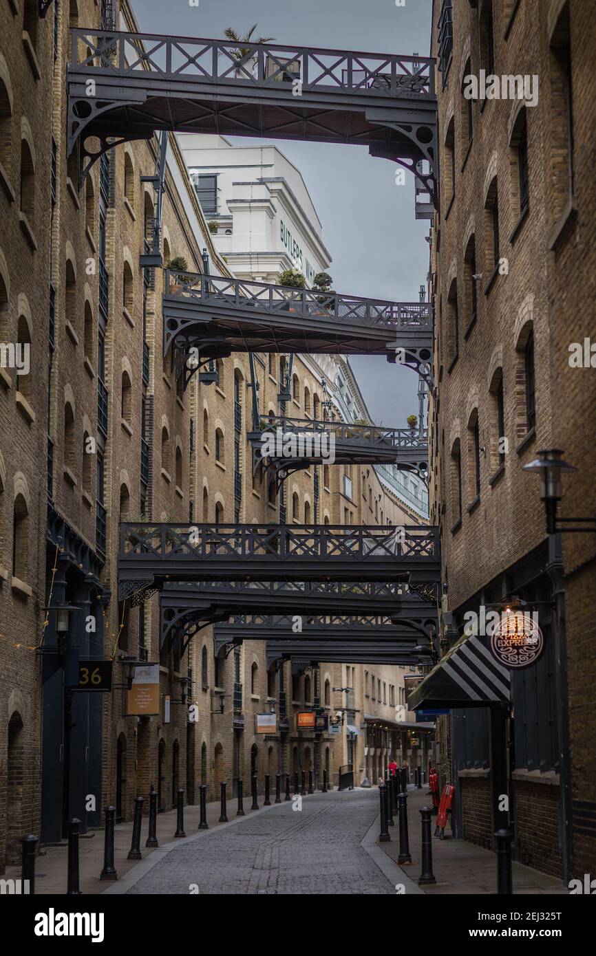 Deserted historic Shad Thames by Butler's Wharf in London during lockdown. Stock Photo