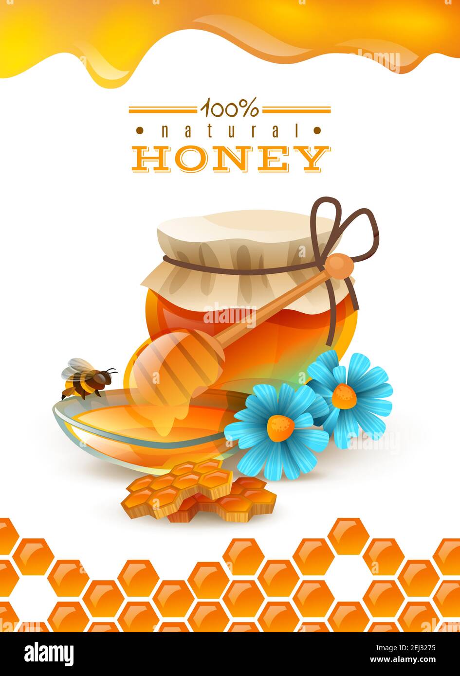 Natural honey ad poster with bee, honeycombs, flowers, saucer and jar