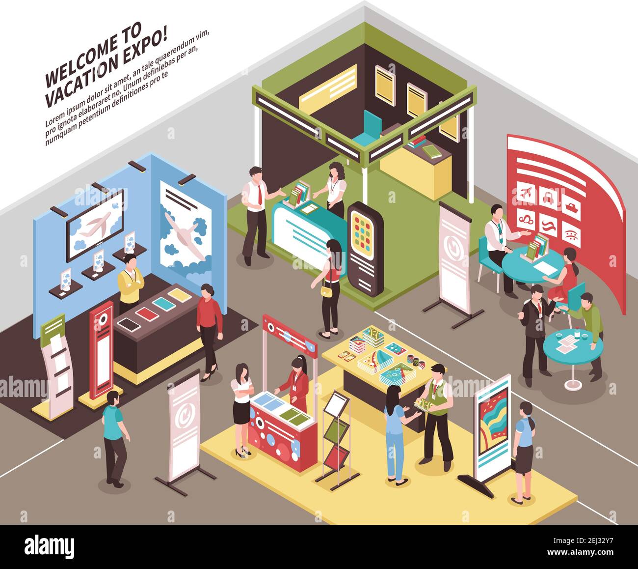 Isometric expo stand exhibition illustration with view of exhibit area