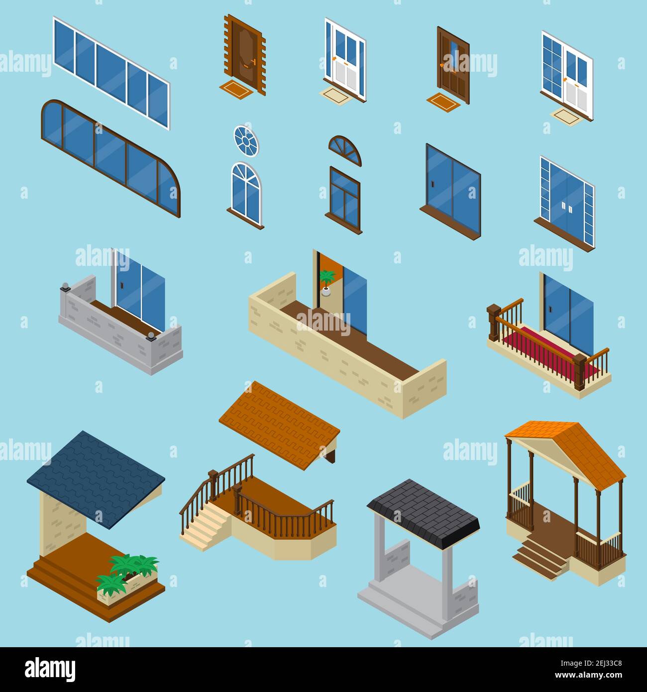 Isometric house constructor elements collection with isolated images of glossy windows doors balcony and stoop vector illustration Stock Vector