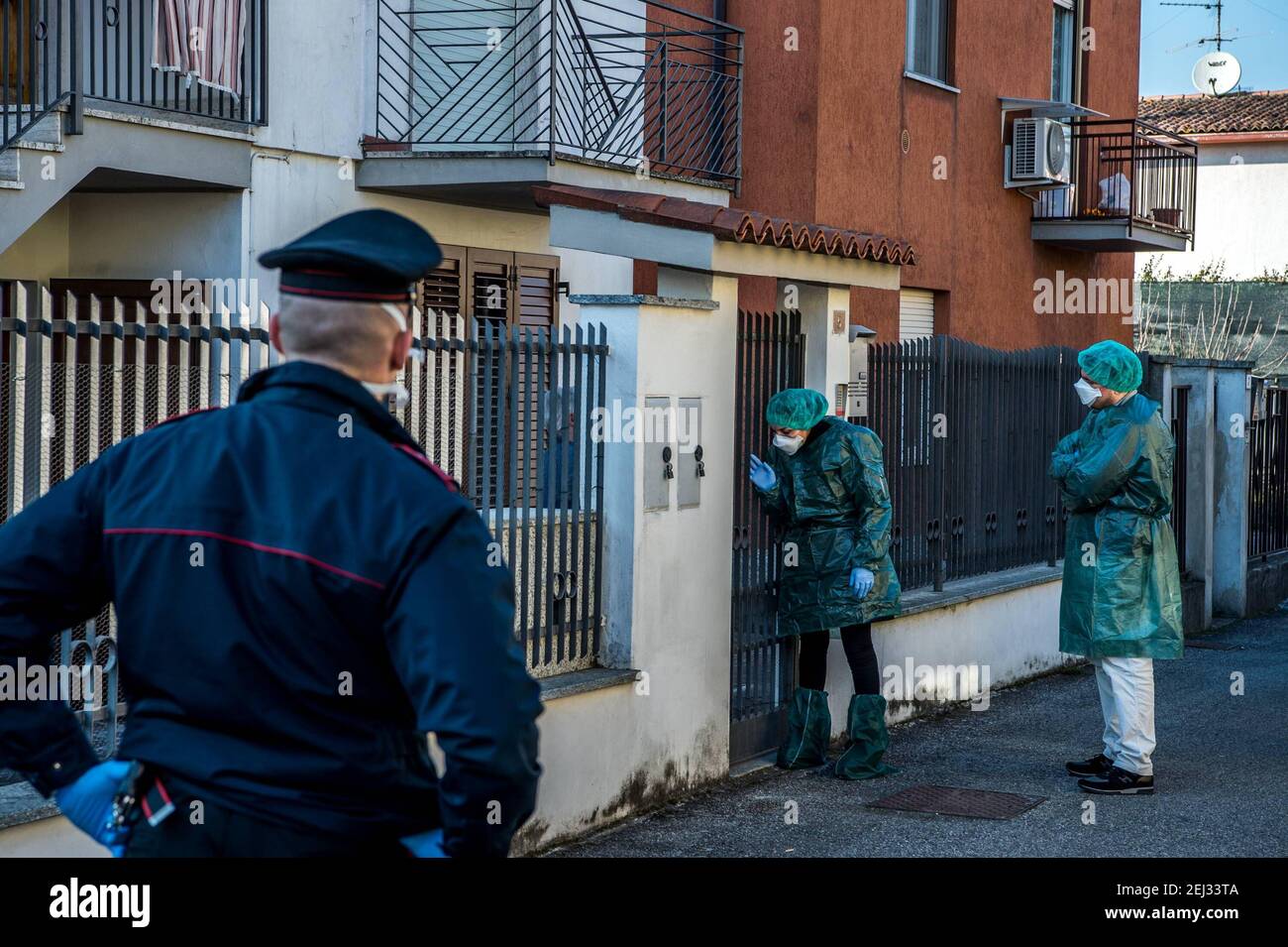 Reportage, Italy. 13th Mar, 2021. 3/13/2021 - Castiglione D'Adda the parents of patient one are transported to the hospital for checks (Milan - 2020-02-22, Carlo Cozzoli) ps the photo can be used in compliance with the context in which it was taken, and without defamatory intent the decorum of the people represented Editorial Usage Only (Photo by IPA/Sipa USA) Credit: Sipa USA/Alamy Live News Stock Photo