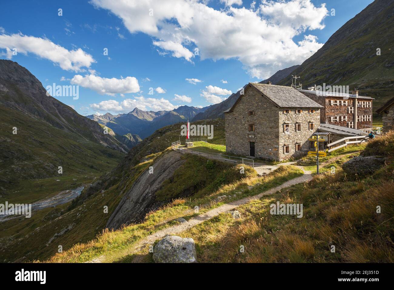 Alpine refuge Essener - Rostocker Hütte in Maurer valley. Venediger group. Virgental. Austrian Alps. Europe Stock Photo