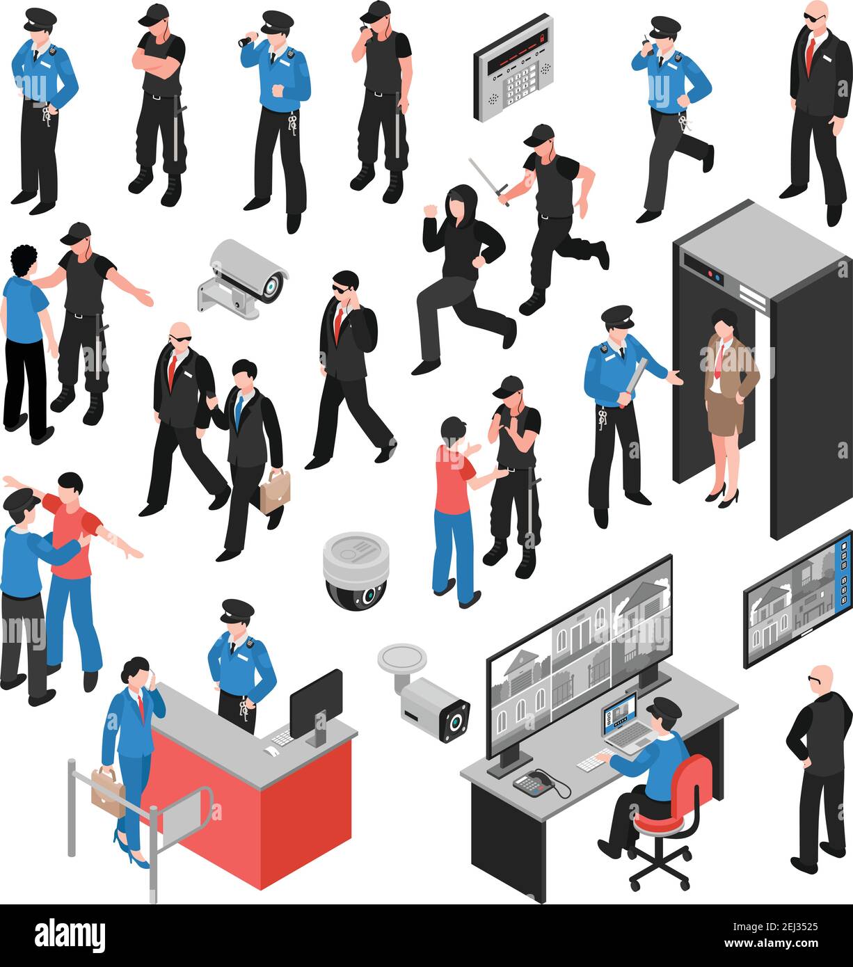 Security system isometric icons set with guards, criminals, personal