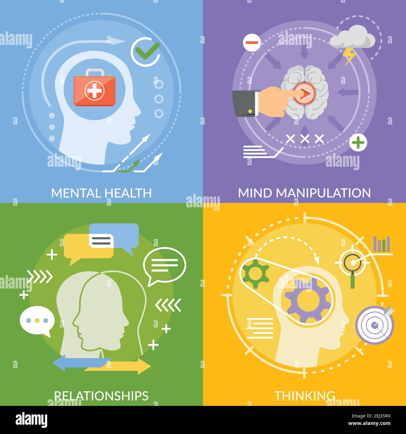 Mental concept flat design with mind manipulation, relationships