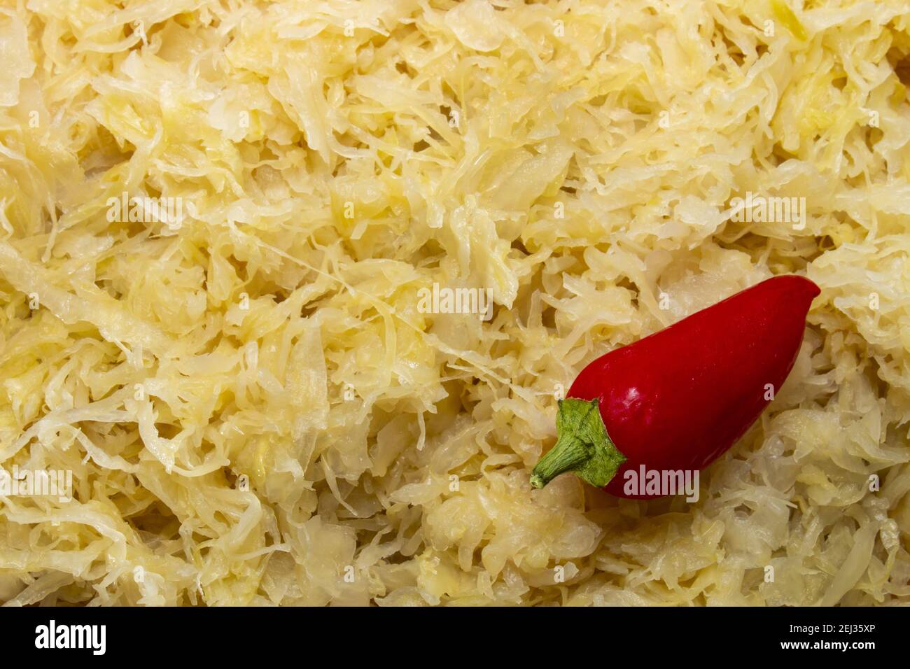 homemade raw sauerkraut with an organic red hot chilli Stock Photo