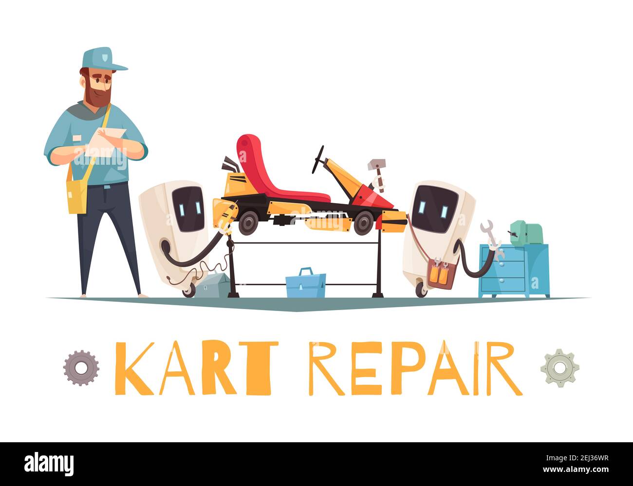 Mechanic and two robots repairing kart racing car cartoon vector