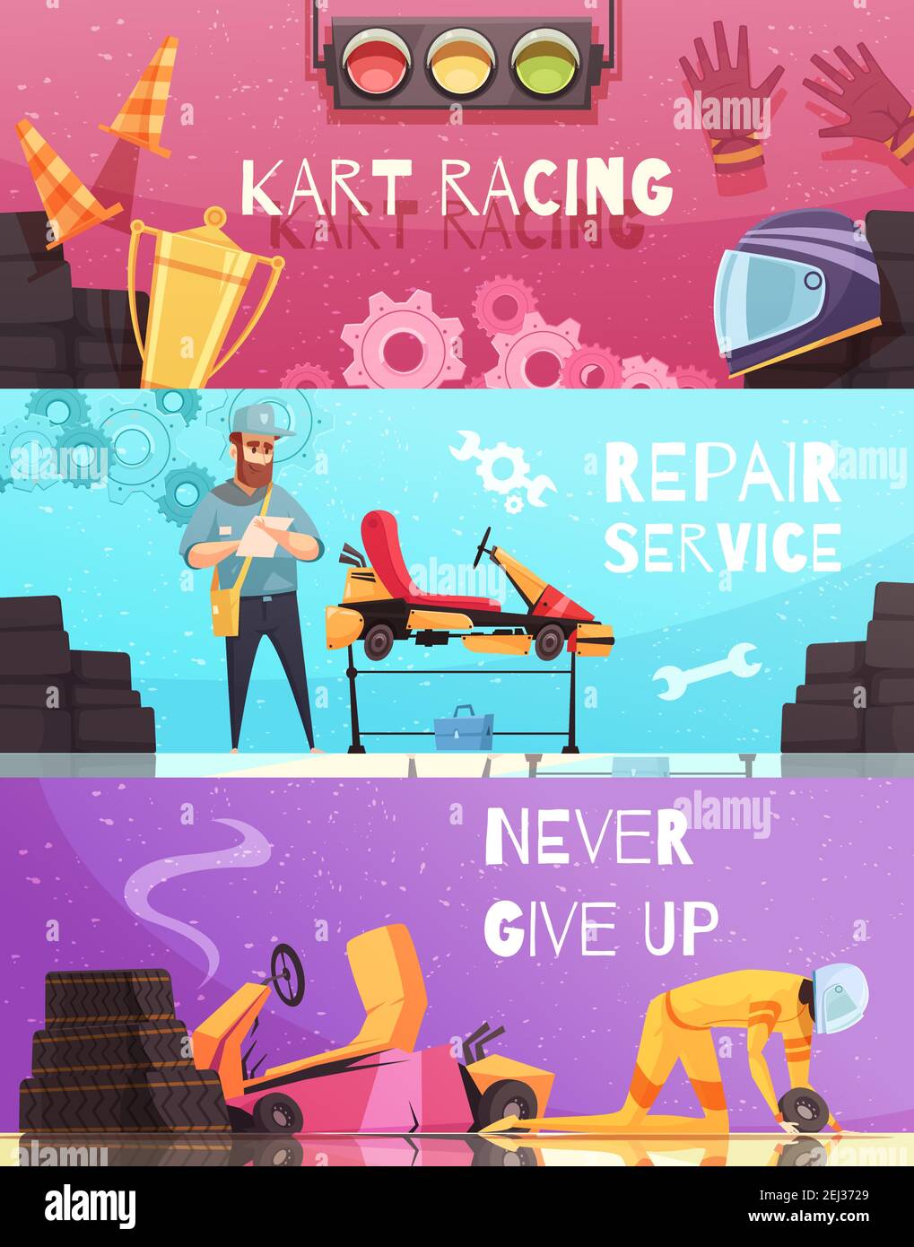 Horizontal banners set with kart racing apparel and repair service