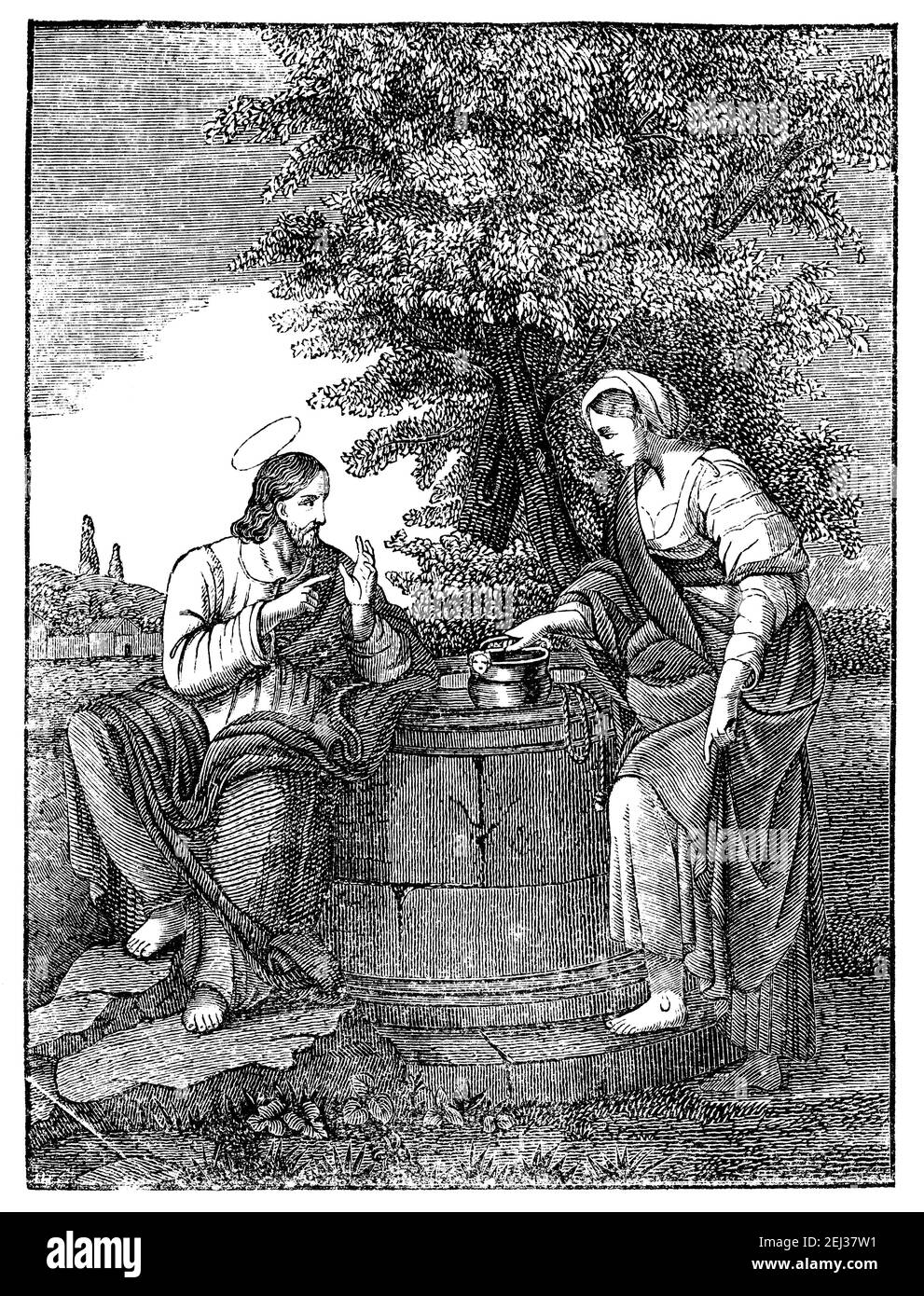 Jesus Christ talks with Samaritan Woman near well.Vintage antique illustration or drawing. Bible, New Testament. Stock Photo