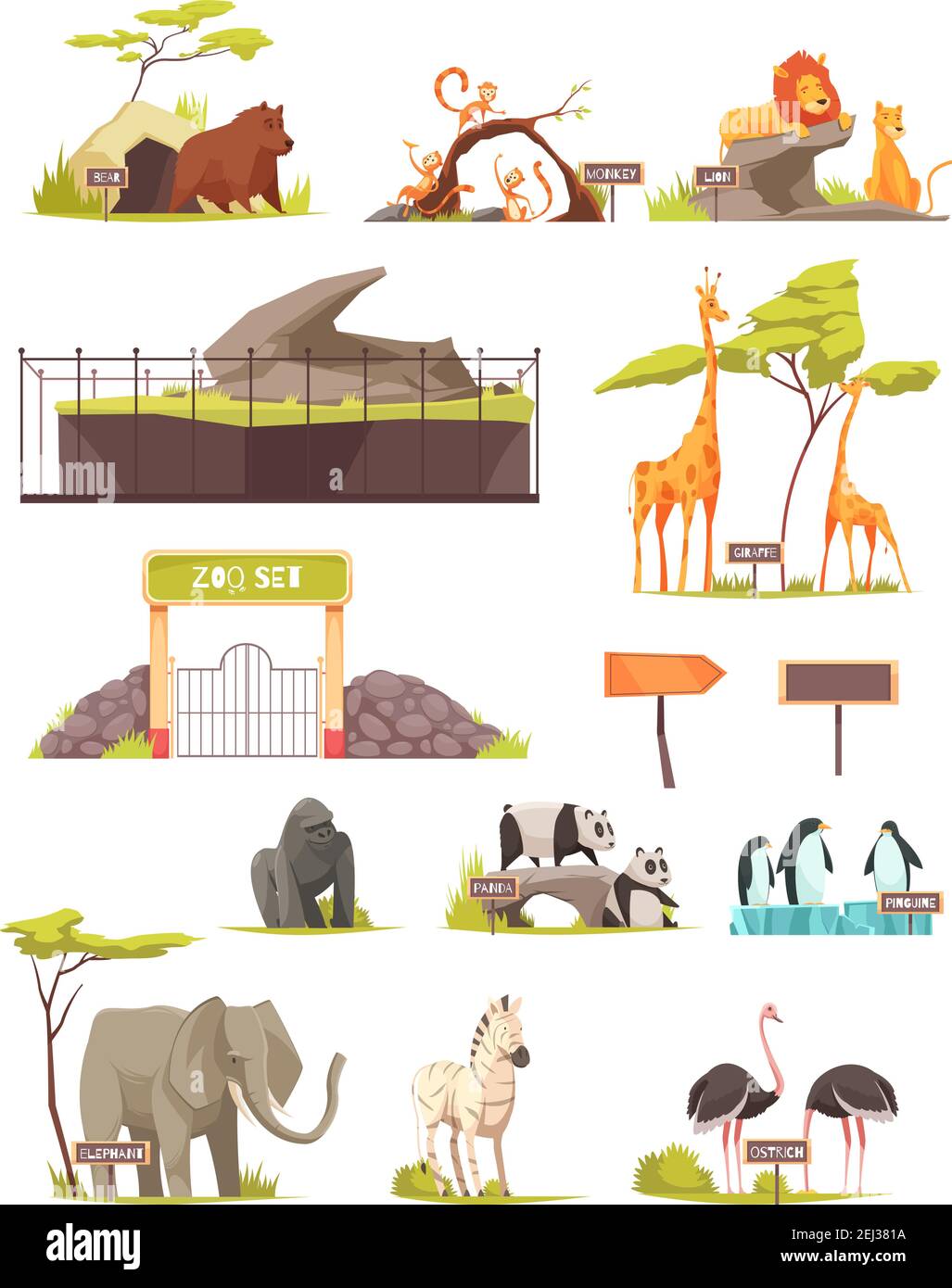 Zoo animals cartoon icons collection with zebra elephant bird ostrich lions giraffe panda penguins isolated vector illustration Stock Vector