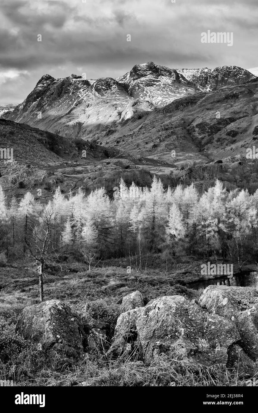 Epic Winter black and white landscape image view from Holme Fell in Lake  District towards snow capped mountain ranges in distance in glorious  evening Stock Photo - Alamy