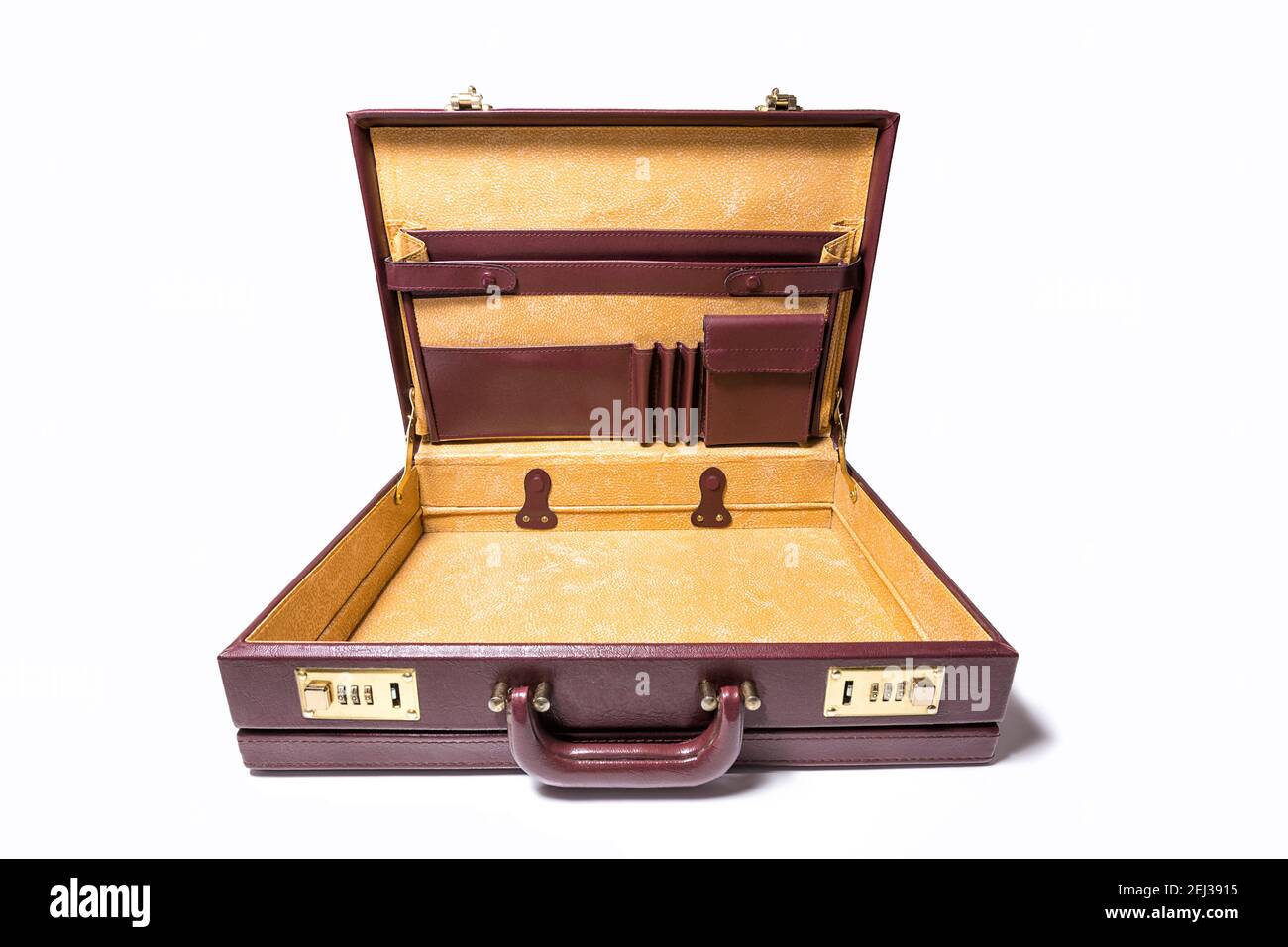 Open and empty 24 hour briefcase on white background Stock Photo