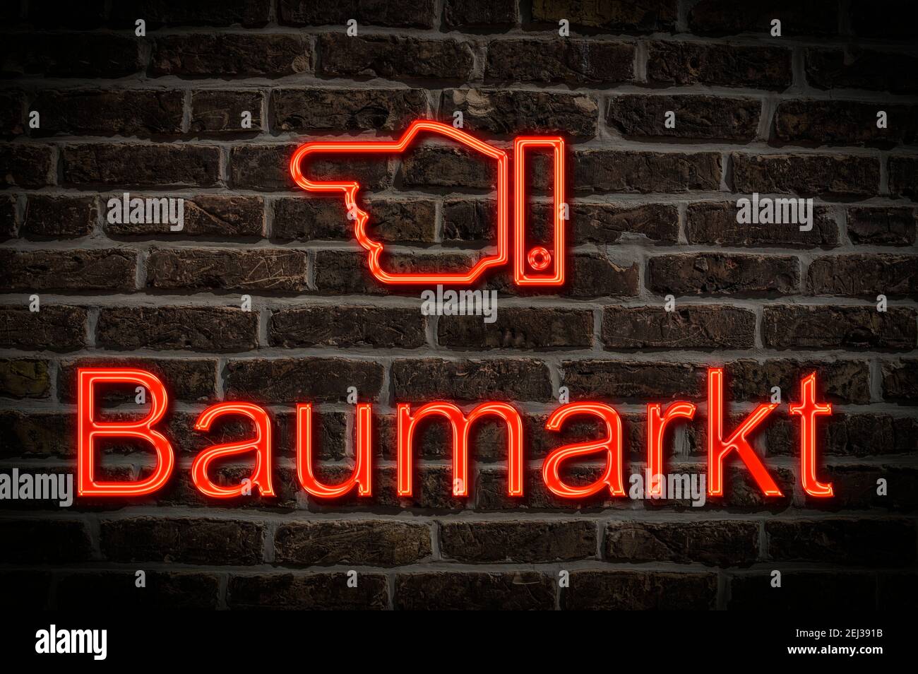 Detail photo of a neon sign on a wall with the inscription Baumarkt Stock Photo