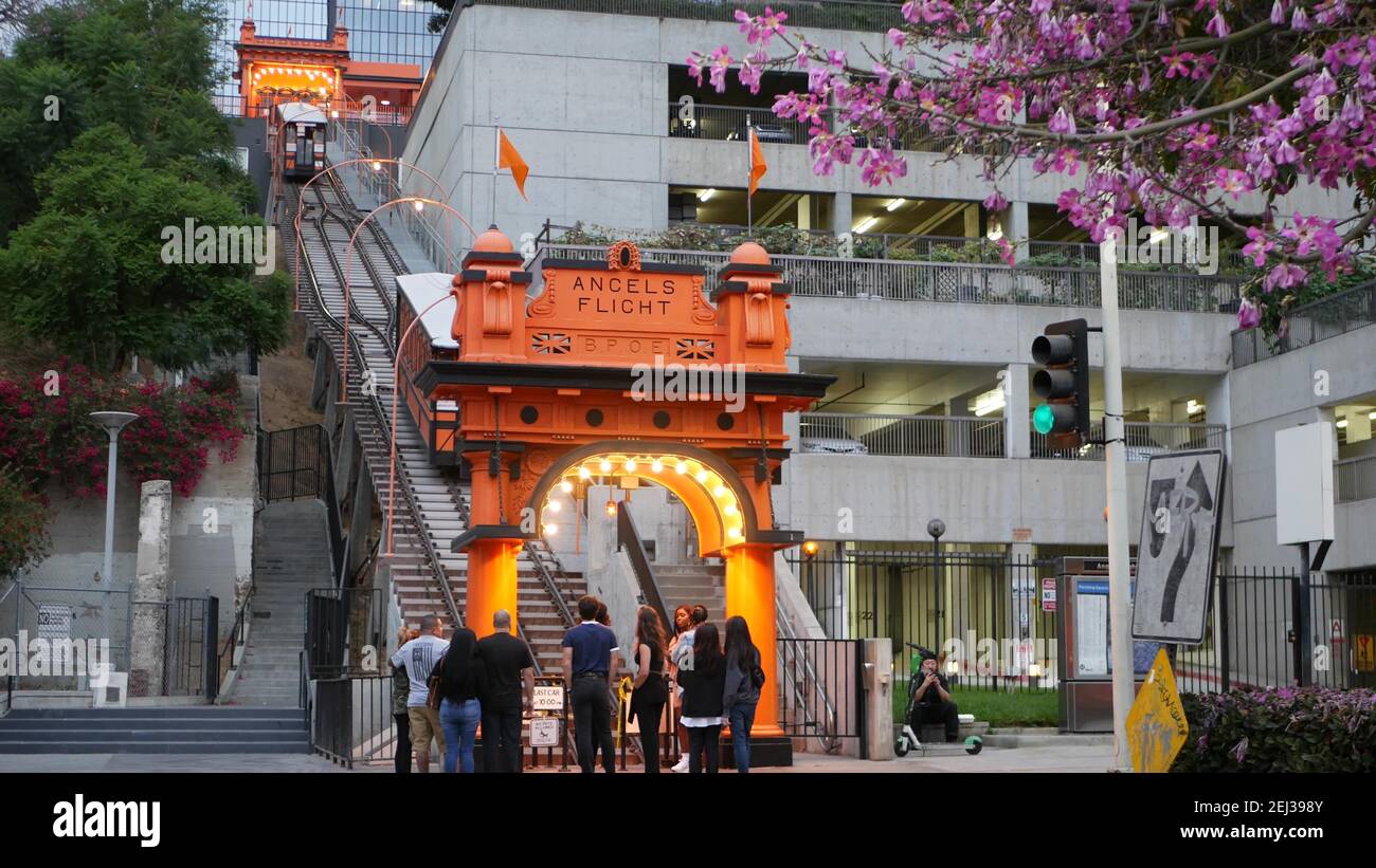 LOS ANGELES, CALIFORNIA, USA - 27 OCT 2019: Angels Flight retro funicular railway cabin. Vintage cable car station. Old-fashioned public passenger tra Stock Photo