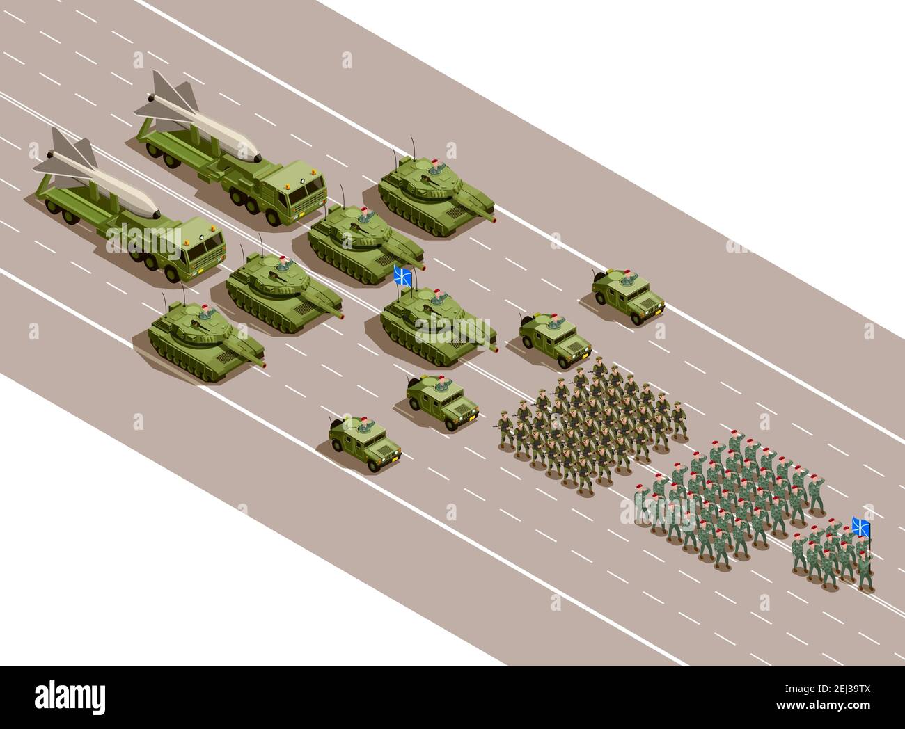 Military parade isometric composition with regiments and army technique blocks of armored vehicles and ballistic missiles vector illustration Stock Vector