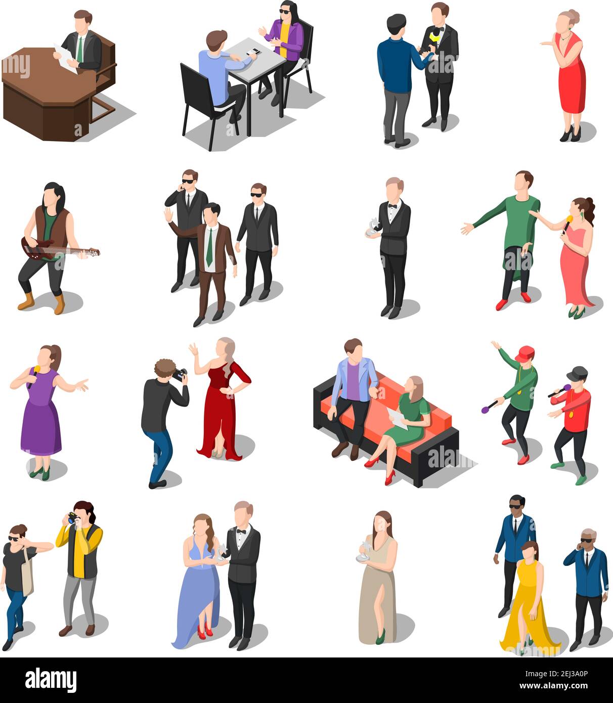 Talents and awards tv shows isometric icons set of isolated human characters of actors hosts and celebrities vector illustration Stock Vector