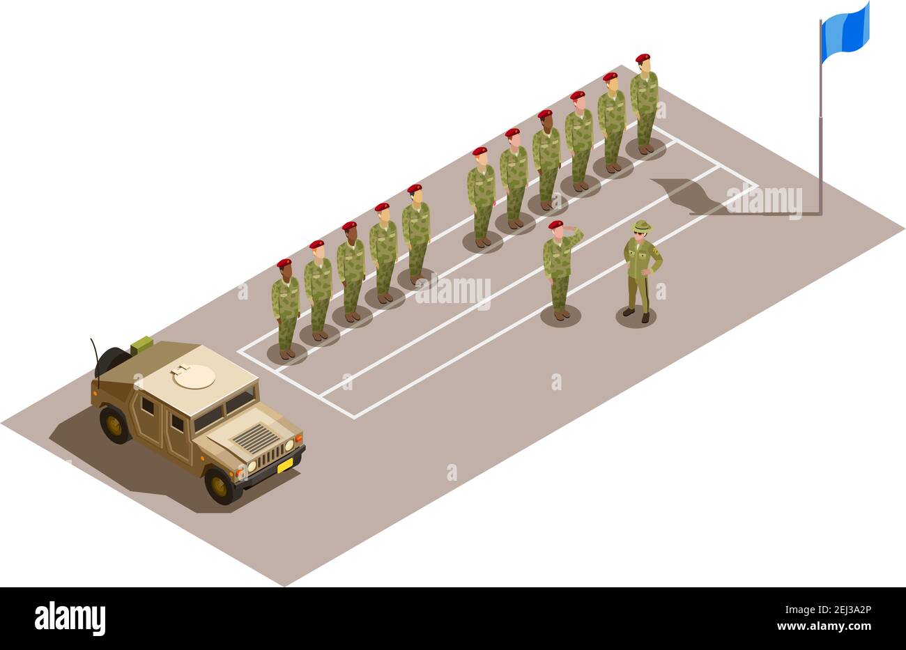 Military contingent row with division commander saluting to superior officer isometric composition with army utility vehicle vector illustration Stock Vector