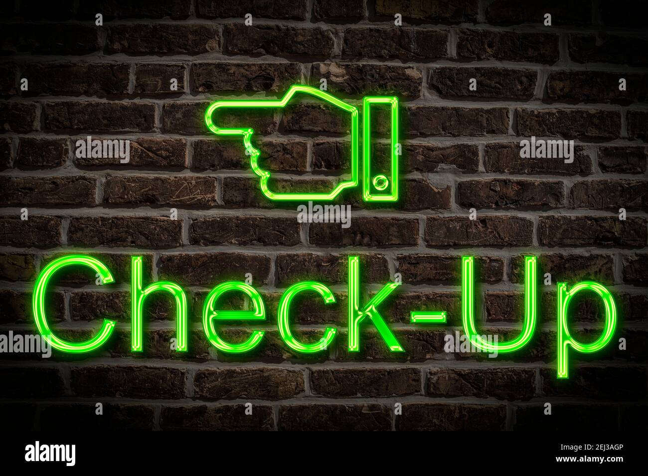 Detail photo of a neon sign on a wall with the inscription Check-up ...