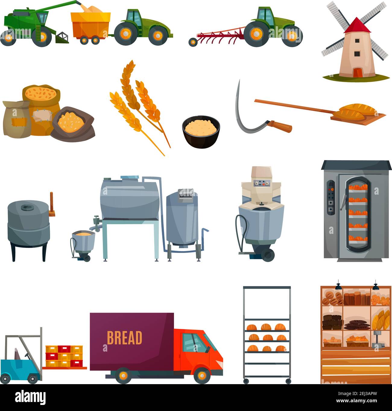 Bread production set with growing cereals, harvesting, bakery equipment