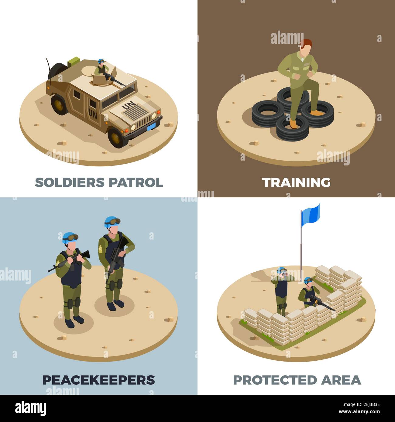 Army military service recruits training front line reinforcement peacekeepers patrol vehicle 4 isometric icons square vector illustration Stock Vector