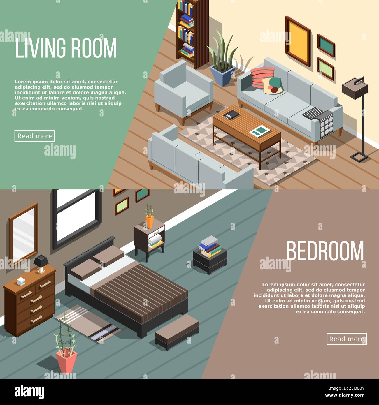 Set of two isometric interior horizontal banners with furniture images ...