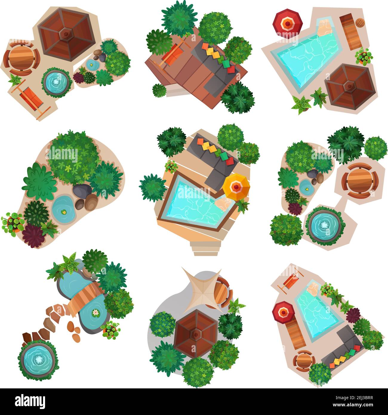 Landscape compositions top view set with pond or pool, trees and shrubs,  garden furniture isolated vector illustration Stock Vector Image & Art -  Alamy