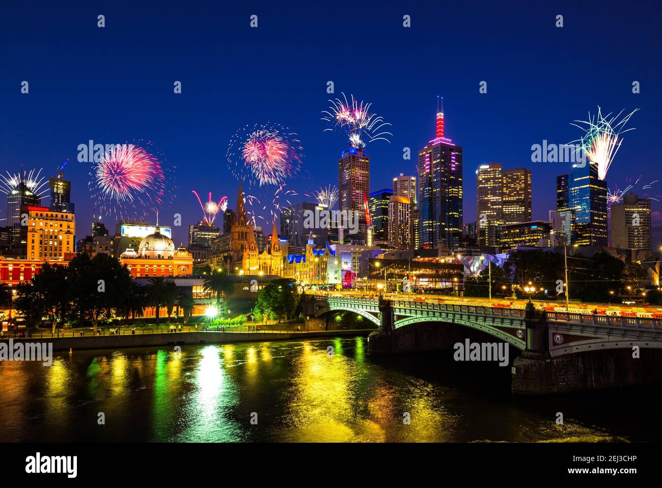 new year firework show in melbourne, australia Stock Photo