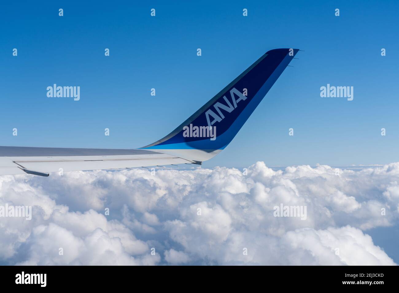 All Nippon Airways ( ANA ) Airplane wing with blue sky white clouds horizon in the background. Stock Photo