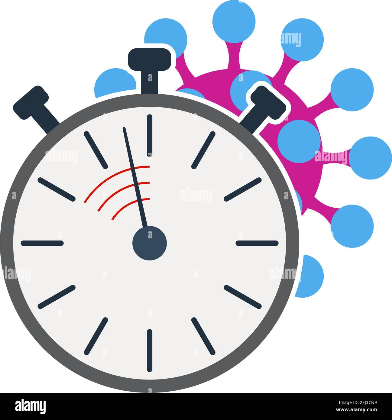 Coronavirus Molecule Under Stopwatch Icon. Flat Color Design. Vector Illustration. Stock Vector