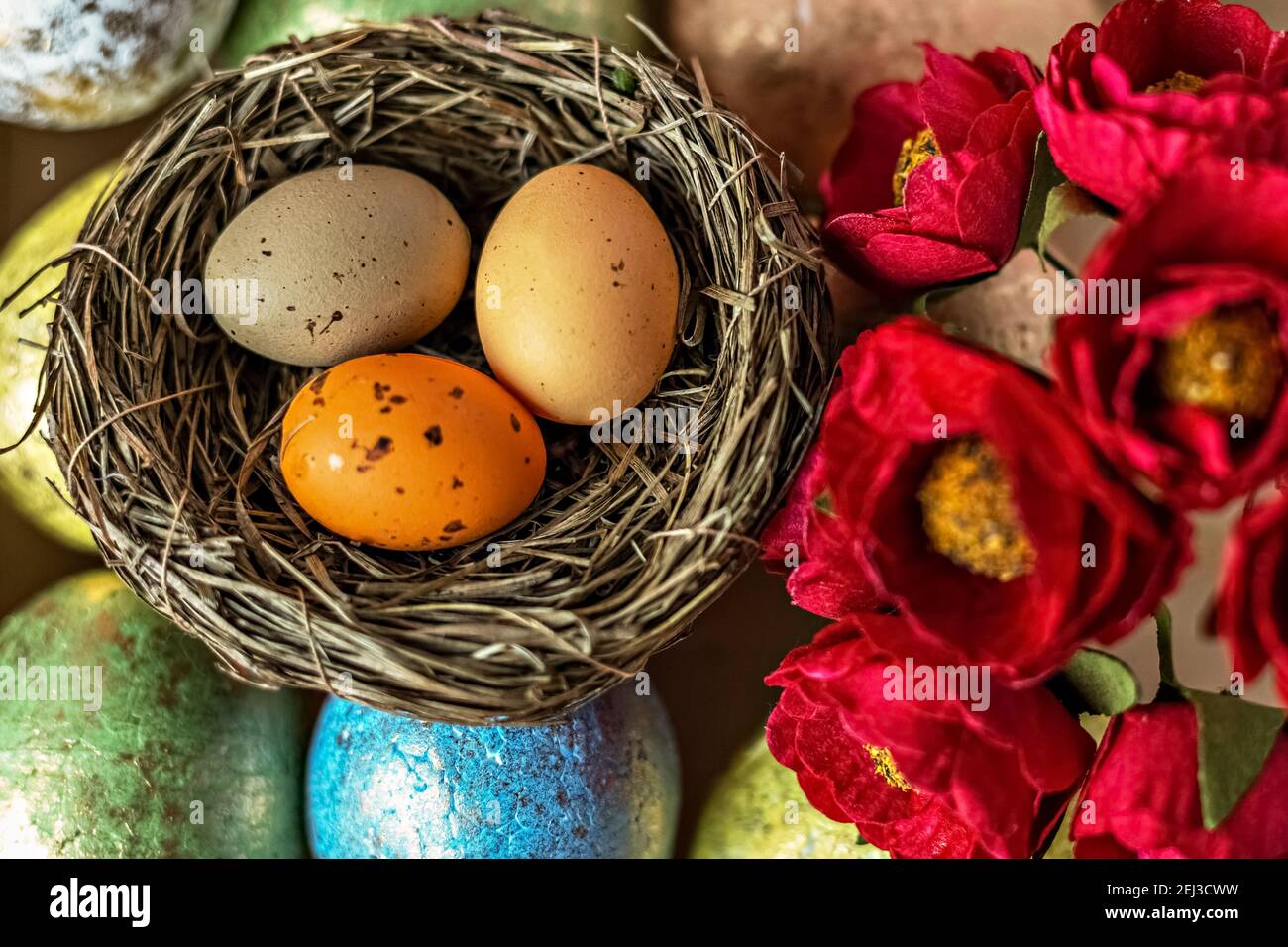 Background from Easter eggs in pastel colors, natural nest and flowers ...