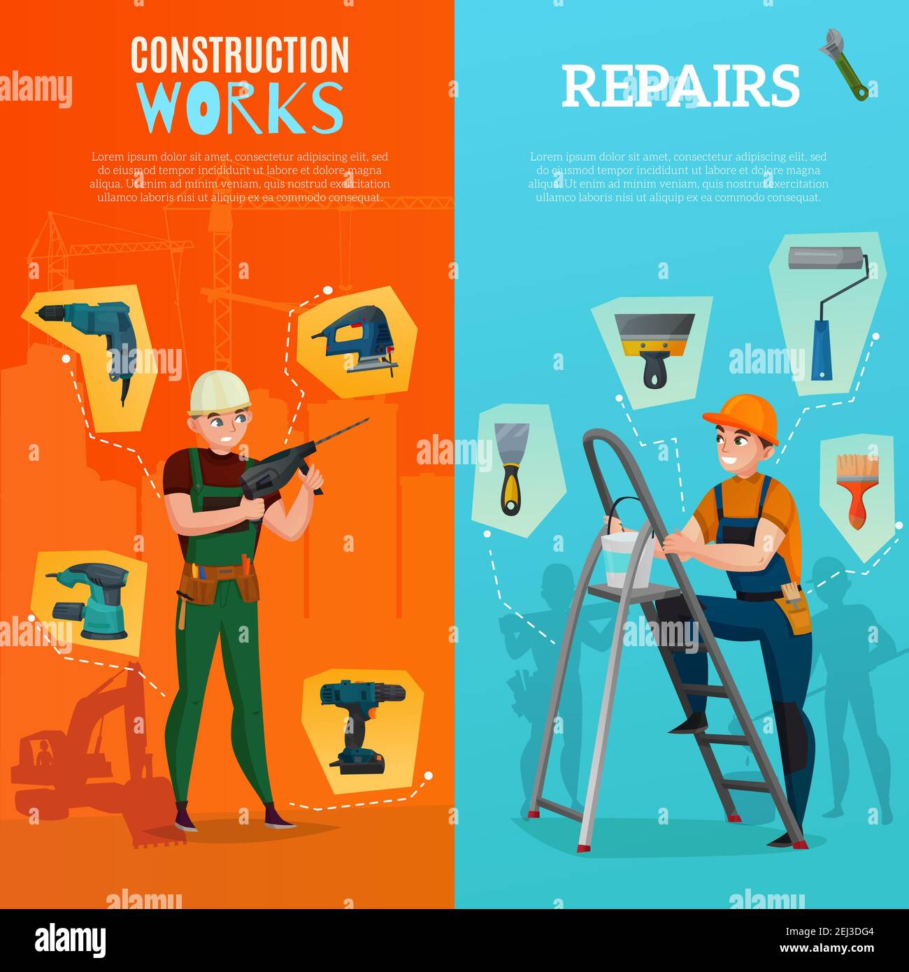 Set of vertical banners with workers and building tools for