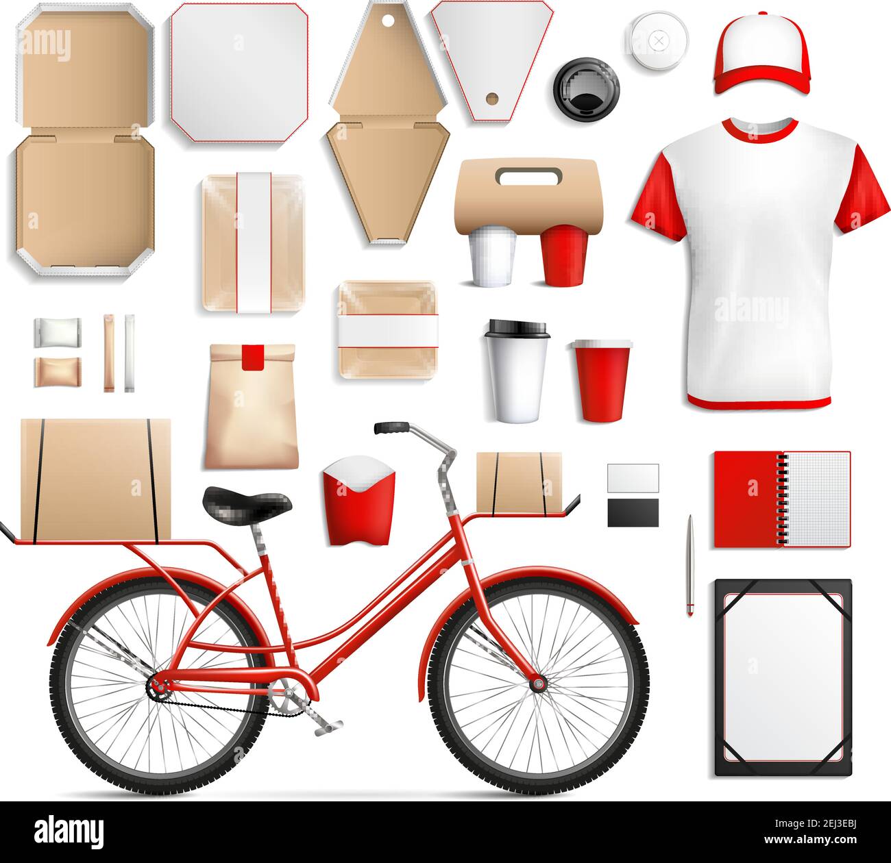 Packaging template set from cardboard and plastic for street food with bicycle for delivery isolated vector illustration Stock Vector