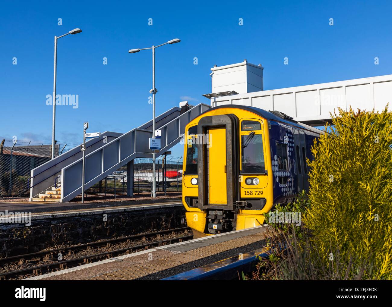 A train at Dyce railway station in the city of Aberdeen, Scotland Stock