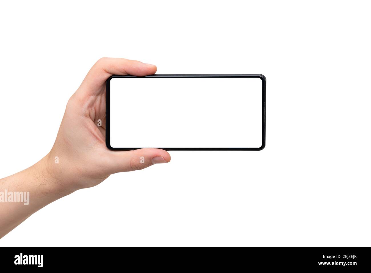 Device mockup, mobile isolated on white. Modern smartphone in hands Stock Photo