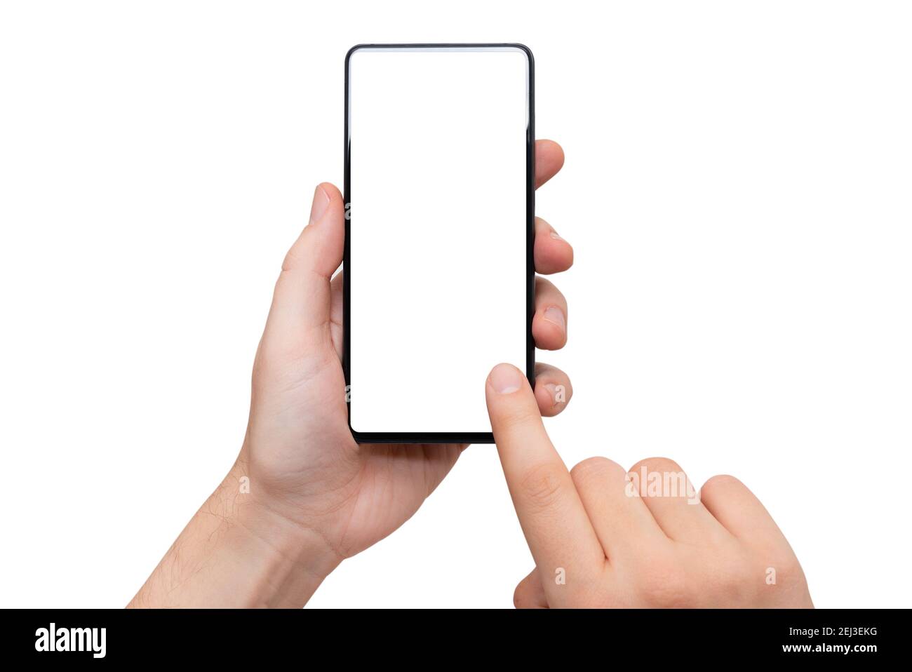 Device mockup, mobile isolated on white. Modern smartphone in hands Stock Photo