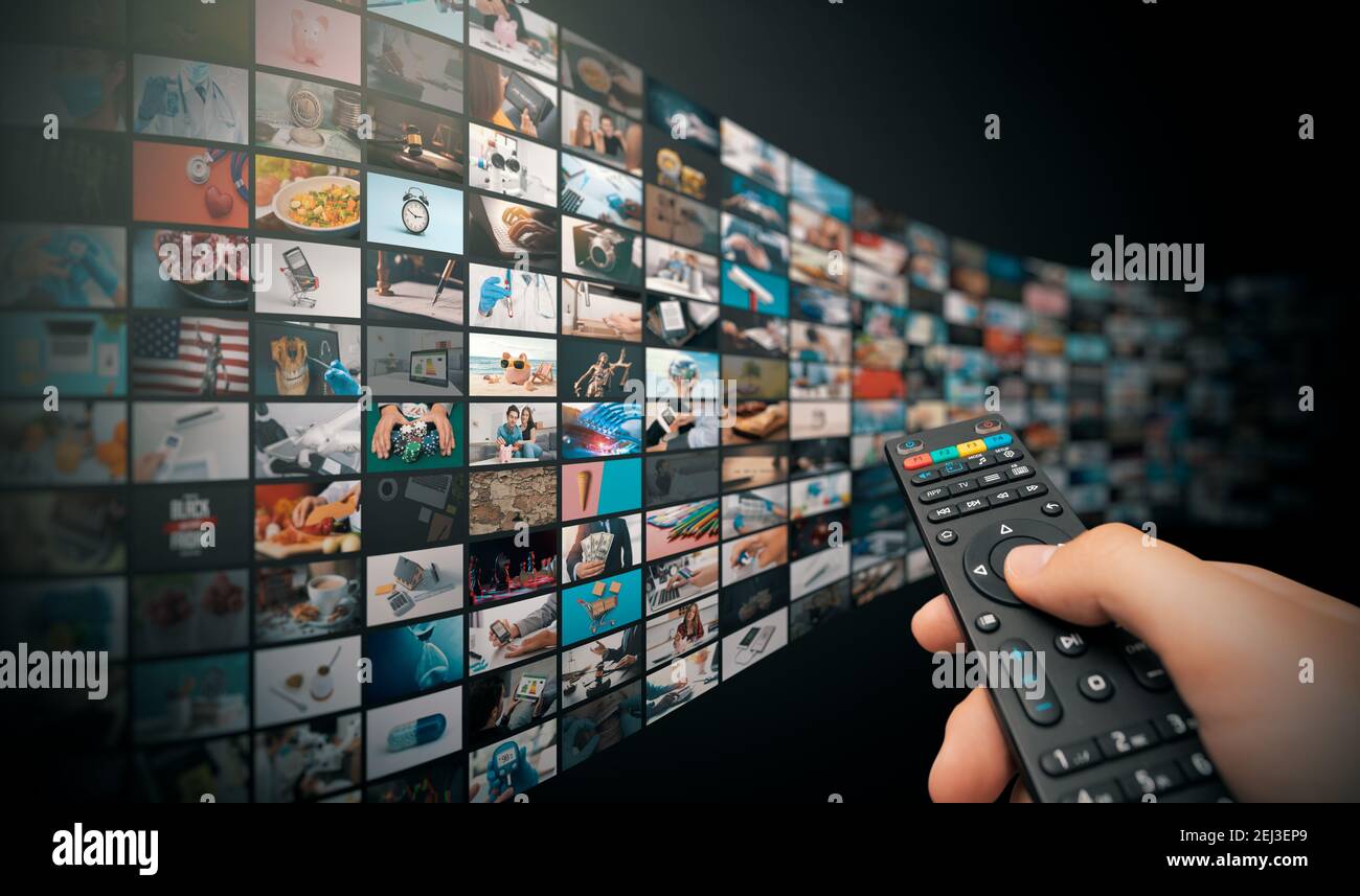 Television streaming, TV broadcast. Multimedia wall concept Stock Photo