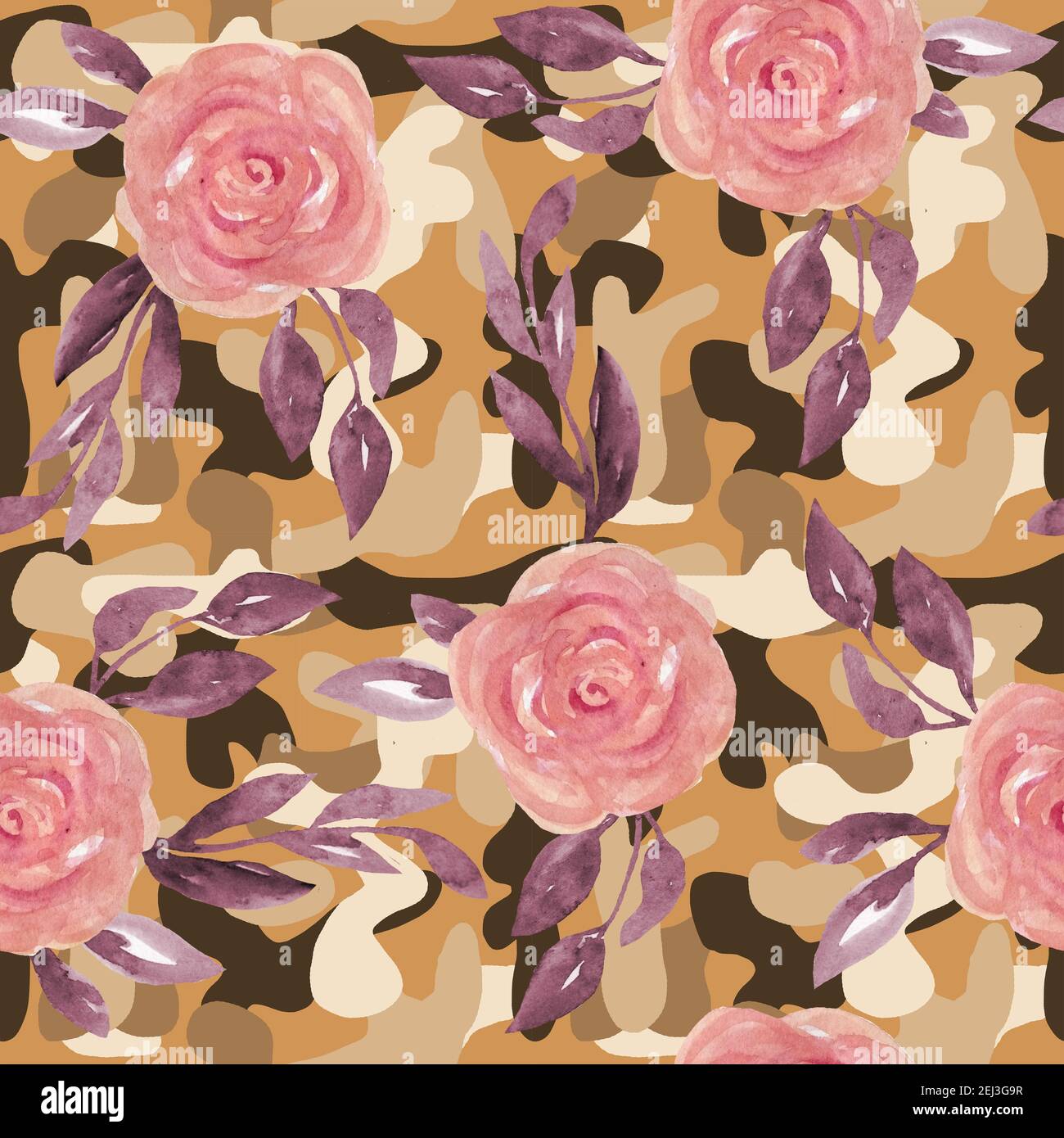 Floral camo camouflage seamless pattern with pink roses flowers. Military army design, textile for masking hiding hunting. Print for war soldiers in jungle desert forest outdoors, trendy style texture Stock Photo