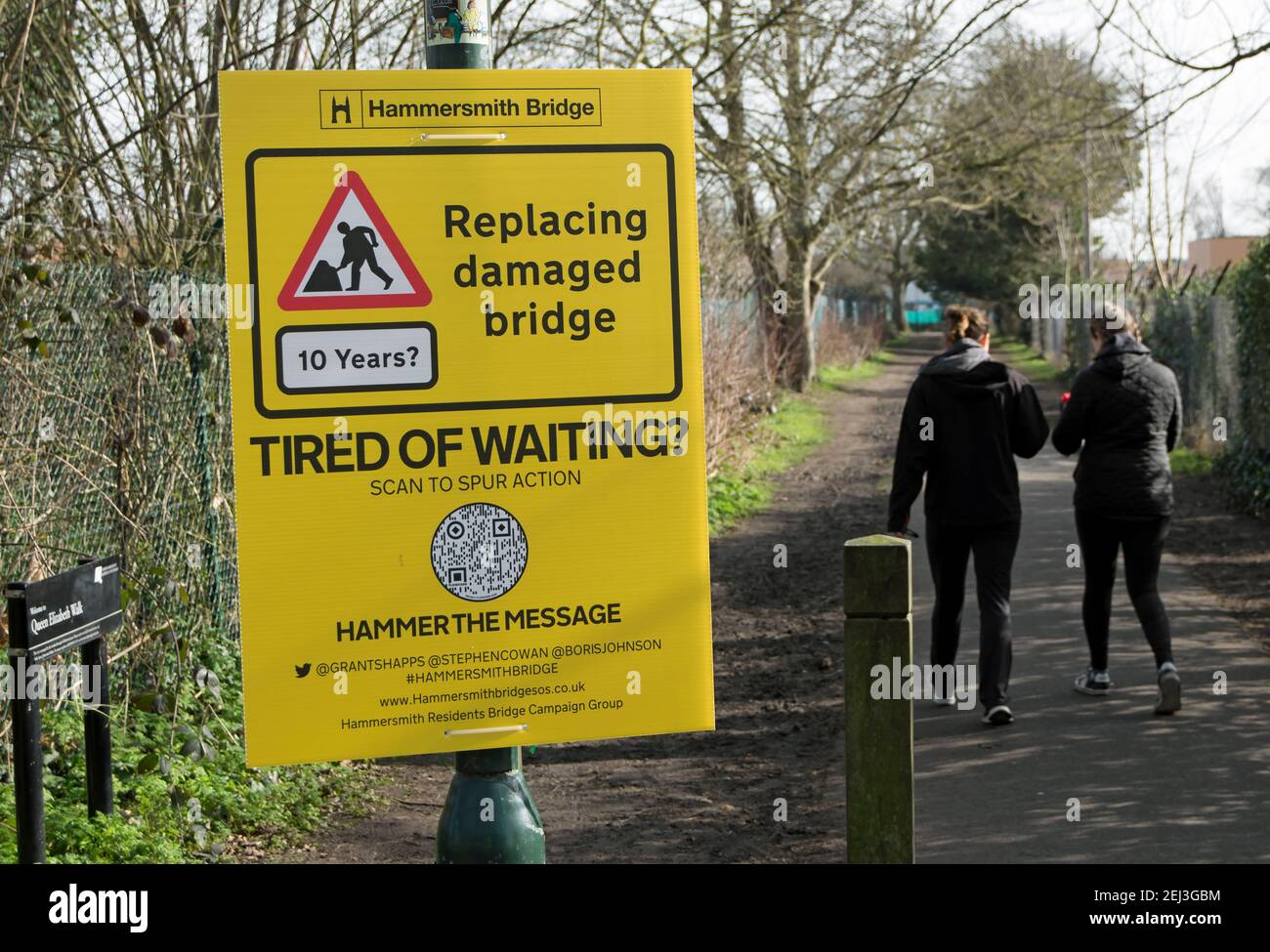 sign placed by hammersmith residents campaign group encouraging action to repair and re-open hammersmith bridge, in barnes, london, england Stock Photo