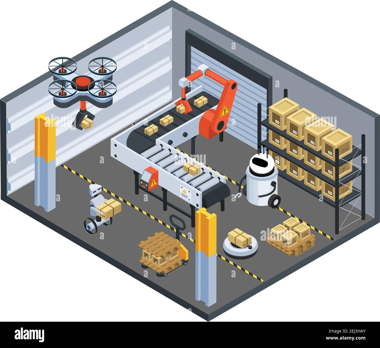 Automatic logistics delivery facility isometric composition with drone conveyor belt and robotic arm sorting parcels vector illustration Stock Vector