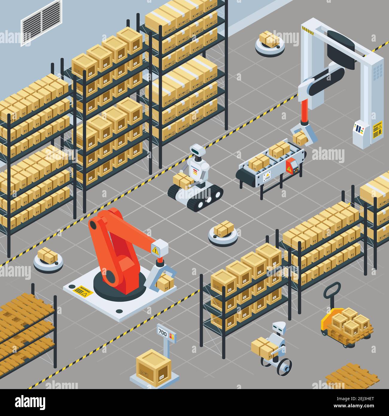 Automatic logistics solutions in warehouse facility isometric background with robotic arm gripping and placing packages vector illustration Stock Vector