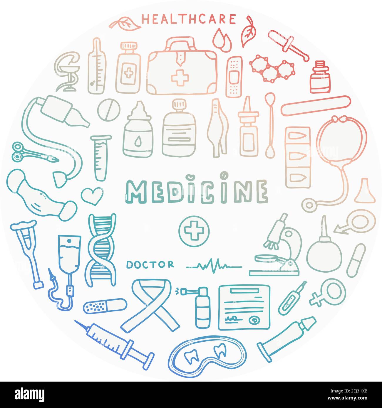 Medical doodle poster with medicines, test tubes and a thermometer. Big pharmacy set. Template for an advertising, patterns or remote medical consulta Stock Vector