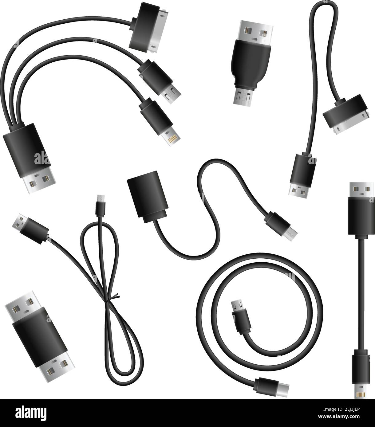 Realistic adapter cable connectors types collection of isolated data