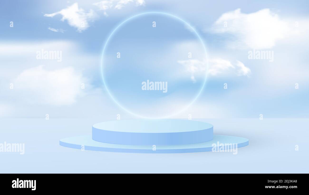 Background vector 3D blue rendering with podium and minimal cloudy ...