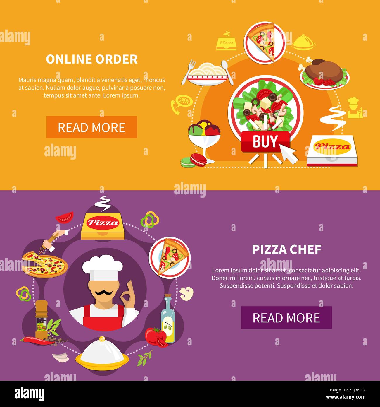 Set of two horizontal pizza banners with images silhouette pictograms ...